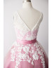 Ivory Lace Mauve Tulle V Back Knee Length Classic Bridesmaid Dress
